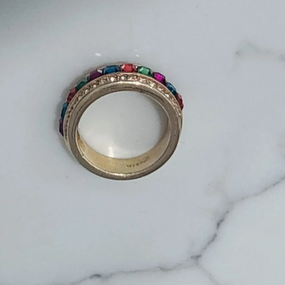 Vintage Multi Color Rainbow Rhinestone Band Ring Gold Tone 7